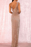 Champagne Pink Dress with Wrapped Bodice and Thigh Slit - THEONE APPAREL