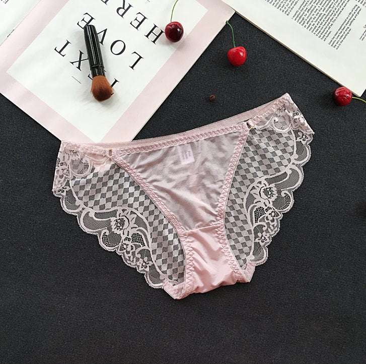 Checkered Mesh and Lace Detail Briefs Style Panties - THEONE APPAREL